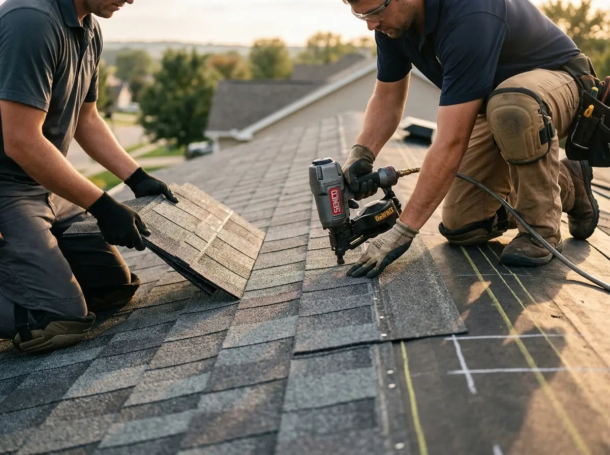 Professional roofer working on a residential roof in Toms River